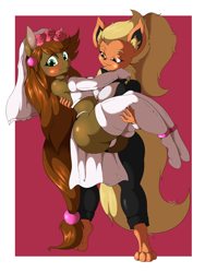 Size: 1920x2560 | Tagged: suggestive, artist:suirano, oc, oc only, oc x oc, oc:flarita, eeveelution, equine, fictional species, flareon, mammal, pony, anthro, nintendo, pokémon, 2020, big breasts, black nose, blushing, breasts, butt, clothes, crossdressing, digital art, dress, duo, ears, eyelashes, female, flower, flower in hair, gloves, hair, hair accessory, legwear, long gloves, male, male/female, panties, shipping, simple background, stockings, suit, thighs, underwear, wedding dress, wide hips