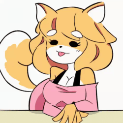 Size: 560x560 | Tagged: safe, artist:londortz, oc, oc only, oc:anon, oc:butterscotch the shiba inu, canine, dog, mammal, shiba inu, anthro, 2d, 2d animation, 4 fingers, ambiguous gender, animated, arm support, breasts, breath, cell shaded, cleavage, clothes, curled tail, dot eyes, duo, eyebrow through hair, eyebrows, female, female focus, fingers, frame by frame, fur, gif, hair, leaning, meme, motion lines, multicolored fur, offscreen character, panting, short hair, simple background, solo focus, tail, tail wag, tongue, tongue out, translucent, two toned body, two toned fur, white background, white body, white fur, yellow body, yellow fur, yellow hair