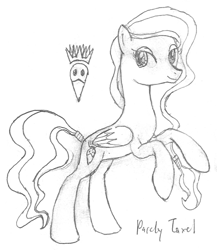 Size: 950x1096 | Tagged: safe, artist:parclytaxel, oc, oc only, oc:cygnet, equine, fictional species, mammal, pegasus, pony, feral, hasbro, my little pony, cutie mark, female, line art, mare, monochrome, pencil drawing, rearing, smiling, solo, solo female, traditional art