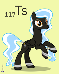 Size: 4000x5000 | Tagged: safe, artist:parclytaxel, oc, oc only, oc:cygnet, equine, fictional species, mammal, pegasus, pony, feral, series:joycall6's periodic table, hasbro, my little pony, .svg available, absurd resolution, bracelet, chemistry, commission, female, hair, hairband, jewelry, looking at you, mare, periodic table, rearing, simple background, smiling, solo, solo female, tail, tail wraps, tennessine, vector, wraps, yellow background