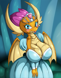 Size: 1680x2117 | Tagged: safe, artist:suirano, smolder (mlp), dragon, fictional species, anthro, friendship is magic, hasbro, my little pony, 2018, big breasts, blushing, breasts, clothes, crown, digital art, dragon wings, dragoness, dress, eyelashes, female, front view, hair, horn, jewelry, looking at you, nudity, regalia, scales, simple background, solo, solo female, spread wings, tail, wide hips, wings