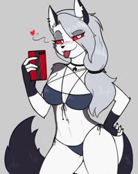 Size: 1200x1510 | Tagged: safe, artist:wbfactorynsfw, loona (vivzmind), canine, fictional species, hellhound, mammal, anthro, hazbin hotel, helluva boss, 2021, bikini, black nose, blep, blushing, breasts, cell phone, clothes, colored sclera, ear fluff, ear piercing, earring, ears, eye through hair, eyebrow through hair, eyebrows, eyelashes, eyeshadow, female, fingerless gloves, fluff, fur, gloves, gray body, gray fur, gray hair, hair, hand on hip, heart, long hair, looking at you, love heart, makeup, multicolored fur, phone, piercing, red sclera, shoulder fluff, smartphone, smiling, smiling at you, solo, solo female, swimsuit, tail, tail fluff, thighs, tongue, tongue out, torn ear, white body, white eyes, white fur