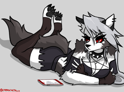 Size: 2732x2048 | Tagged: safe, artist:capaoculta, loona (vivzmind), canine, fictional species, hellhound, mammal, anthro, digitigrade anthro, hazbin hotel, helluva boss, 2019, clothes, crop top, female, gray hair, hair, high res, long hair, solo, solo female, topwear