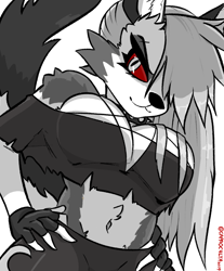 Size: 2264x2732 | Tagged: safe, artist:capaoculta, loona (vivzmind), canine, fictional species, hellhound, mammal, anthro, hazbin hotel, helluva boss, 2019, clothes, crop top, cropped shirt, female, gray hair, hair, high res, long hair, midriff, solo, solo female, topwear
