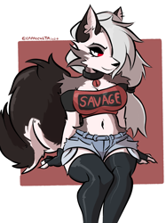 Size: 3411x4551 | Tagged: safe, artist:capaoculta, loona (vivzmind), canine, fictional species, hellhound, mammal, anthro, hazbin hotel, helluva boss, 2020, belly button, border, clothes, crop top, cropped shirt, female, gray hair, hair, long hair, midriff, solo, solo female, topwear, white border