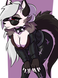 Size: 3418x4560 | Tagged: safe, artist:capaoculta, loona (vivzmind), canine, demon, fictional species, hellhound, mammal, anthro, hazbin hotel, helluva boss, 2020, 5 fingers, bent legs, bent over, black body, black fur, black nose, border, bottomwear, breasts, canid demon, claws, cleavage, clothes, collar, colored sclera, cross, ears, eyelashes, eyeshadow, eyewear, female, fingerless gloves, fingernails, fingers, fur, glasses, gloves, gray body, gray fur, gray hair, hair, hands on knees, hands on legs, handwear, hanging breasts, holding, holding legs, knock-kneed, leaning, long hair, makeup, multicolored tail, red sclera, signature, silver hair, simple background, solo, solo female, spiked collar, spikes, sunglasses, sweater, tail, topwear, two toned tail, white body, white border, white eyes, white fur, white hair