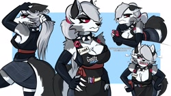 Size: 2048x1152 | Tagged: safe, artist:capaoculta, loona (vivzmind), canine, fictional species, hellhound, mammal, anthro, hazbin hotel, helluva boss, 16:9, 2020, angry, border, clothes, female, goth ihop, gray hair, hair, ihop, long hair, restaurant, solo, solo female, uniform, wallpaper, white border, working