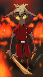 Size: 1102x1953 | Tagged: safe, artist:starstruckechoid, oc, oc:éloi, fictional species, yinglet, the out-of-placers, clothes, fire, male, solo, solo male, sword, weapon