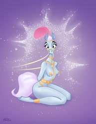 Size: 3160x4096 | Tagged: suggestive, artist:holivi, part of a set, equine, horse, mammal, anthro, cinderella (disney), disney, 2021, anthrofied, belly button, black eyes, blue body, breasts, digital art, eyelashes, female, fur, hair, harness, kneeling, looking at you, nudity, pink body, pink fur, pink hair, purple background, sexy, side view, signature, simple background, solo, solo female, tack, tail, wide hips