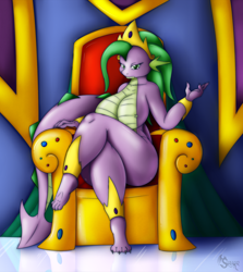 Size: 1784x2000 | Tagged: suggestive, artist:suirano, spike (mlp), dragon, fictional species, anthro, friendship is magic, hasbro, my little pony, 2015, barb (mlp), dragoness, female, rule 63, solo, solo female