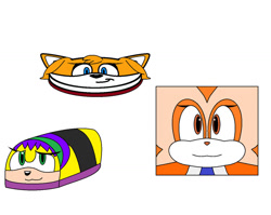 Size: 1280x1019 | Tagged: safe, artist:animeartistmii, cream the rabbit (sonic), mina mongoose (sonic), zooey the fox (sonic), canine, fox, lagomorph, mammal, mongoose, rabbit, ambiguous form, archie sonic the hedgehog, sega, sonic boom (series), sonic the hedgehog (series), 2021, clothes, cube, disk, dress, female, females only, fishcake, flattened, simple background, transformation, trio, trio female, vixen, white background