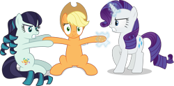 Size: 7067x3463 | Tagged: safe, artist:thatusualguy06, applejack (mlp), coloratura (mlp), rarity (mlp), earth pony, equine, fictional species, mammal, pony, unicorn, feral, friendship is magic, hasbro, my little pony, 2021, absurd resolution, atg 2021, female, females only, gritted teeth, magic aura, mare, natg 2021, newbie artist training grounds, on model, shrunken pupils, simple background, teeth, transparent background, trio, trio female, tugging, vector
