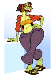Size: 800x1100 | Tagged: safe, artist:silverscarf, oc, oc:dawn (silverscarf), reptile, snake, anthro, bedroom eyes, bell bottoms, belly button, big butt, bottom heavy, breasts, butt, clothes, ear piercing, earring, feet, female, flip flops, forked tongue, gesture, hippie, hips, peace sign, piercing, sandals, shoes, snake tongue, solo, solo female, toes, tongue, tongue out, vine snake, wedding ring, wide hips