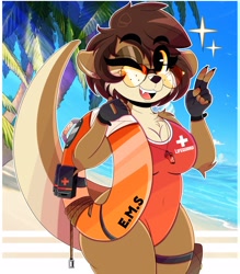 Size: 2800x3200 | Tagged: safe, artist:wirelessshiba, oc, oc only, oc:pearl aurora (wirelessshibe), mammal, mustelid, otter, anthro, 2021, beach, breasts, brown body, brown fur, brown hair, chest fluff, clothes, cream body, cream fur, detailed background, elbow fluff, eyebrow through hair, eyebrows, fangs, female, fingerless gloves, fluff, freckles, fur, gesture, glasses, gloves, hair, high res, lifebuoy, lifeguard, looking at you, one eye closed, one-piece swimsuit, open mouth, open smile, outdoors, peace sign, seaside, sharp teeth, short hair, shoulder fluff, smiling, solo, solo female, sunglasses, swimsuit, teeth, whistle, winking