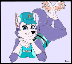 Size: 1000x885 | Tagged: suggestive, artist:marcushunter, everest (paw patrol), canine, dog, husky, mammal, nordic sled dog, anthro, digitigrade anthro, nickelodeon, paw patrol, 2021, black nose, bottomless, breasts, butt, cap, clothes, ears, eyelashes, female, fur, hat, jacket, looking at you, lying down, nudity, older, partial nudity, paw pads, paws, pose, simple background, solo, solo female, tail, topwear, underpaw