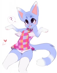 Size: 999x1280 | Tagged: suggestive, artist:fredek666, rosie (animal crossing), cat, feline, mammal, anthro, animal crossing, nintendo, blue body, blue fur, blushing, breasts, clothes, digital art, disembodied hand, dress, duo, female, fur, heart panties, lifting, offscreen character, panties, purple eyes, ringtail, simple background, solo, solo female, solo focus, tail, tongue, tongue out, underwear, white background