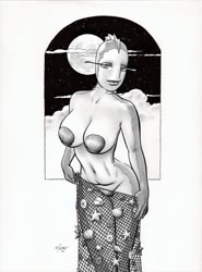 Size: 738x1000 | Tagged: safe, artist:richard moore, fictional species, fish, monster, humanoid, big breasts, boneyard, breasts, female, full moon, gillwoman, moon, nessie (boneyard), shell, solo, solo female