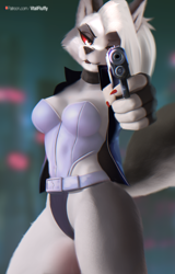 Size: 1602x2500 | Tagged: safe, artist:v-tal, loona (vivzmind), canine, fictional species, hellhound, mammal, anthro, hazbin hotel, helluva boss, 2019, aiming, belt, big breasts, black nose, breasts, cleavage, clothes, colored sclera, cosplay, ears, eyebrows, eyelashes, eyeshadow, fangs, female, fingerless gloves, fur, ghost in the shell, gloves, gray body, gray fur, gun, hair, handgun, jacket, long hair, looking at you, makeup, multicolored fur, pistol, red sclera, sharp teeth, smiling, smiling at you, solo, solo female, tail, teeth, thighs, topwear, weapon, white body, white fur, white hair