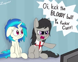 Size: 2048x1642 | Tagged: safe, artist:vcgriffin, octavia melody (mlp), vinyl scratch (mlp), earth pony, equine, fictional species, mammal, pony, unicorn, feral, friendship is magic, hasbro, my little pony, angry, british, dialogue, england, soccer, sports, talking, television, vulgar, wide eyes