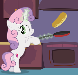 Size: 6360x6134 | Tagged: safe, artist:thatusualguy06, sweetie belle (mlp), equine, fictional species, mammal, pony, unicorn, feral, friendship is magic, hasbro, my little pony, 2021, absurd resolution, atg 2021, female, filly, foal, food, kitchen, looking back, magic aura, natg 2021, newbie artist training grounds, on model, pan, pancakes, simple background, smiling, solo, solo female, transparent background, vector, young