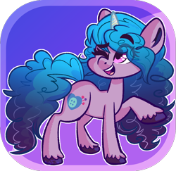 Size: 966x940 | Tagged: safe, artist:binkyt11, izzy moonbow (mlp), equine, fictional species, mammal, pony, unicorn, feral, hasbro, my little pony, my little pony g5, spoiler, spoiler:my little pony g5, abstract background, blue background, blue hair, blue horn, blue mane, blue tail, chibi, curled hair, curled tail, cutie mark, dark purple hair, dark purple inner ear, dark purple mane, dark purple tail, ear fluff, eye through hair, eyebrows, female, fetlocks, fluff, fur, gradient background, gradient hair, gradient mane, gradient tail, hair, hooves, horn, looking away, magenta eyes, mane, mare, multicolored hair, multicolored horn, multicolored mane, multicolored tail, newbie artist training grounds, one eye closed, open mouth, open smile, purple background, purple body, purple coat, purple fur, purple hair, purple hooves, purple mane, purple tail, raised hoof, simple background, smiling, solo, solo female, tail, teeth, tongue, two toned hair, two toned horn, two toned tail, wingding eyes, winking, yellow horn