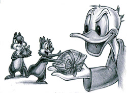 Size: 798x580 | Tagged: safe, artist:zdrer456, chip (disney), dale (disney), bird, chipmunk, duck, mammal, rodent, waterfowl, anthro, disney, mickey and friends, 2d, grayscale, male, males only, monochrome, nut, on model, trio, trio male