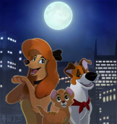 Size: 1600x1699 | Tagged: safe, artist:detectiverj, dixie (the fox and the hound), dodger (oliver & company), oliver (oliver & company), canine, cat, dog, feline, jack russell terrier, mammal, saluki, feral, disney, oliver & company, the fox and the hound, 2d, crossover, female, full moon, group, kitten, male, moon, night, night sky, sky, trio, young