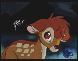 Size: 725x571 | Tagged: safe, artist:unibat, bambi (bambi), cervid, deer, mammal, feral, bambi (film), disney, fawn, letterboxing, male, needs more jpeg, red eyes, sad, solo, solo male, young