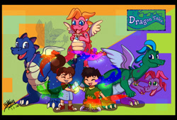 Size: 800x540 | Tagged: safe, artist:unibat, cassie (dragon tales), emmy (dragon tales), max (dragon tales), ord (dragon tales), wheezie (dragon tales), zak (dragon tales), dragon, fictional species, human, mammal, western dragon, semi-anthro, dragon tales, pbs, blue body, brother, brother and sister, child, conjoined, conjoined twins, cute, dragoness, female, fraternal twins, green body, group, letterboxing, male, multiple heads, pink body, purple body, siblings, sister, twins, two heads, two-headed dragon, young