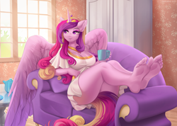 Size: 1600x1142 | Tagged: safe, artist:margony, princess cadence (mlp), alicorn, equine, fictional species, mammal, pony, anthro, plantigrade anthro, friendship is magic, hasbro, my little pony, 2021, anthrofied, barefoot, big breasts, big butt, breasts, butt, cleavage, clothes, couch, eyelashes, eyeshadow, feathered wings, feathers, feet, female, fur, hair, horn, indoors, jewelry, makeup, mare, multicolored hair, multicolored tail, necklace, pink body, pink fur, pink wings, regalia, sitting, smiling, soles, solo, solo female, tail, thick thighs, thighs, toes, wings