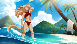 Size: 2240x1280 | Tagged: safe, artist:twokinds, jade adelaide (twokinds), basitin, fictional species, mammal, anthro, twokinds, 2021, beach, bikini, bocas top, breasts, clothes, ear fluff, eyebrows, eyelashes, eyes closed, female, fluff, hair, long hair, palm tree, pink nose, sand, smiling, solo, solo female, sunlight, swimsuit, tail, tail fluff, thighs, tree, water