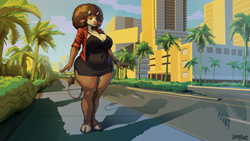 Size: 3840x2160 | Tagged: source needed, useless source url, safe, artist:greasymojo, bovid, cattle, cow, mammal, anthro, 16:9, afro, breasts, cleavage, female, hair, high res, huge breasts, solo, solo female, wallpaper