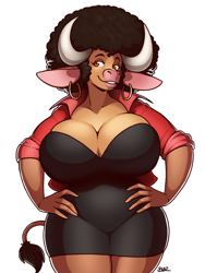 Size: 900x1200 | Tagged: safe, artist:blazbaros, bovid, cattle, cow, mammal, anthro, afro, breasts, cleavage, female, hair, huge breasts, smiling, solo, solo female