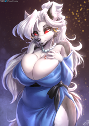 Size: 2470x3493 | Tagged: suggestive, artist:viejillox, loona (vivzmind), canine, fictional species, hellhound, mammal, anthro, art pack:milf festival, hazbin hotel, helluva boss, 2021, absolute cleavage, accessories, bedroom eyes, black nose, bracelet, breasts, cheek fluff, cleavage, clothes, colored sclera, curvy, dress, ear piercing, earring, ears, eyebrows, eyelashes, female, fluff, fur, gray body, gray fur, hair, hand on breast, high res, huge breasts, jewelry, lips, long hair, long nails, looking at you, mature, mature female, nail polish, necklace, nipple outline, pearl necklace, piercing, red sclera, sexy, shoulder fluff, side slit, slightly chubby, slit pupils, solo, solo female, thick, thick thighs, thighs, tight clothing, torn ear, white body, white eyes, white fur, white hair, wide hips