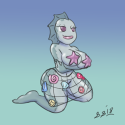 Size: 972x972 | Tagged: safe, artist:shardshatter, fictional species, fish, monster, humanoid, arm boob squeeze, arms under breasts, big breasts, boneyard, breast squish, breasts, crest, female, gillwoman, kneeling, lifting breasts, nessie (boneyard), solo, solo female, stars