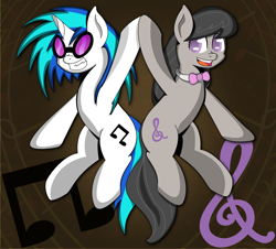 Size: 2200x1992 | Tagged: safe, artist:graphene, octavia melody (mlp), vinyl scratch (mlp), earth pony, equine, fictional species, mammal, pony, unicorn, feral, friendship is magic, hasbro, my little pony, 2013, duo, duo female, female, female/female, females only, high res, music, scratchtavia (mlp), shipping