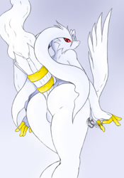 Size: 700x999 | Tagged: suggestive, artist:suirano, fictional species, legendary pokémon, reshiram, anthro, nintendo, pokémon, 2012, belly button, big butt, butt, digital art, eyelashes, featureless crotch, female, fur, hair, looking at you, looking back, looking back at you, nudity, rear view, simple background, solo, solo female, thighs, wide hips, wings