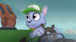 Size: 2320x1296 | Tagged: safe, artist:rainbow eevee, rocky (paw patrol), canine, dog, mammal, mutt, nickelodeon, paw patrol, brown eyes, clothes, collar, cute, fog, fur, gray body, gray fur, hat, looking at something, male, solo, solo male, steering wheel, water