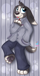 Size: 840x1570 | Tagged: safe, artist:rainbow eevee, pablo (t.o.t.s.), canine, dog, mammal, anthro, disney, t.o.t.s., 2021, big nose, blue eyes, bottomwear, clothes, cute, digital art, eyebrows, fur, grown up, hand in pocket, happy, looking up, male, multicolored fur, name tag, necktie, open mouth, pants, paw pads, paws, shading, solo, solo male, striped background, suit, two toned body, two toned fur