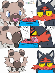Size: 800x1067 | Tagged: safe, artist:winick-lim, canine, cat, dog, feline, fictional species, litten, mammal, rockruff, feral, nintendo, pokémon, 2016, cheek fluff, comic, digital art, duo, duo male, ears, feeding, fluff, food, food bowl, hair, hissing, looking at each other, looking at you, male, males only, on model, open mouth, paws, pink nose, shrunken pupils, simple background, starter pokémon, tail, tongue, white background