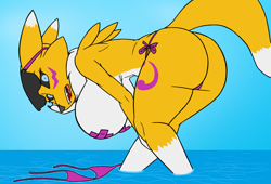 Size: 1024x695 | Tagged: suggestive, artist:creatiffy, fictional species, renamon, anthro, digimon, 2017, beach, belly button, bent over, big breasts, big butt, bikini, bikini bottom, bikini top, black nose, black sclera, breasts, butt, clothes, cloud, colored sclera, digital art, ears, embarrassed, female, fur, glasses, glasses on head, hanging breasts, huge breasts, looking at you, nipple tape, ocean, open mouth, pasties, rear view, sharp teeth, sideboob, sky, solo, solo female, sunglasses, sunglasses on head, swimsuit, tail, teeth, thighs, tongue, water, wide hips