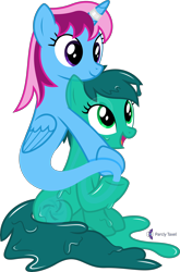 Size: 4000x6063 | Tagged: safe, artist:parclytaxel, oc, oc only, oc:morpha, oc:parcly taxel, alicorn, equine, fictional species, genie, genie pony, mammal, pony, feral, hasbro, my little pony, .svg available, absurd resolution, ain't never had friends like us, albumin flask, female, goo pony, hug, looking down, looking up, mare, simple background, sitting, smiling, translucent, transparent background, vector