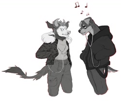 Size: 1280x1067 | Tagged: safe, artist:euthanizedcanine, bovid, canine, cattle, cow, dog, mammal, anthro, clothes, duo, headphones