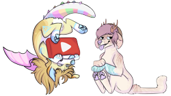 Size: 2112x1188 | Tagged: safe, artist:euthanizedcanine, dragon, fictional species, furred dragon, feral, ambiguous gender, duo, looking at you, paw pads, paws, play button, simple background, sitting, tongue, tongue out, transparent background