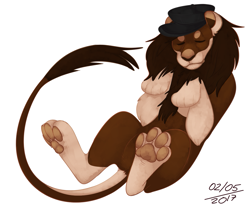 Size: 1117x934 | Tagged: safe, artist:euthanizedcanine, big cat, feline, lion, mammal, feral, clothes, hat, lying down, male, on back, paw pads, paws, sleeping, underpaw