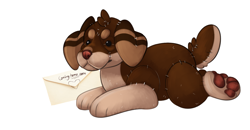 Size: 1600x834 | Tagged: safe, artist:euthanizedcanine, canine, dog, mammal, feral, ambiguous gender, letter, paw pads, paws, plushie, solo, solo ambiguous