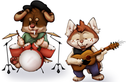 Size: 1225x797 | Tagged: source needed, safe, artist:euthanizedcanine, canine, dog, mammal, semi-anthro, acoustic guitar, ambiguous gender, clothes, drum, guitar, musical instrument, paw pads, paws, saliva, underpaw