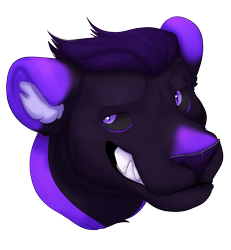 Size: 999x1080 | Tagged: safe, artist:euthanizedcanine, big cat, feline, lion, mammal, ambiguous form, ambiguous gender, black hair, black sclera, bust, colored sclera, ear fluff, fluff, front view, fur, grin, hair, looking sideways, portrait, purple body, purple eyes, purple fur, purple hair, purple nose, slit pupils, solo, solo ambiguous, three-quarter view