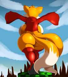 Size: 1280x1463 | Tagged: suggestive, artist:suirano, miles "tails" prower (sonic), canine, fox, mammal, anthro, sega, sonic the hedgehog (series), 2021, boots, bottomless, breasts, butt, clothes, dipstick tail, ears, female, fluff, footwear, fur, hair, high heel boots, hoodie, huge breasts, huge butt, legwear, multicolored fur, multiple tails, nudity, orange tail, partial nudity, rear view, rule 63, solo, solo female, tail, tail fluff, thick thighs, thigh high boots, thighs, topwear, two tails, two toned body, two toned fur, vixen, voluptuous, white body, white fur, white tail, wide hips, yellow body, yellow fur