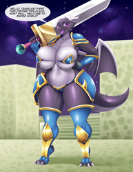 Size: 980x1270 | Tagged: suggestive, artist:mleonheart, dragon, ender dragon, fictional species, anthro, digitigrade anthro, minecraft, 2021, armor, belly button, big breasts, bikini, blushing, breasts, cameltoe, claws, cleavage, clothes, cloud, detailed background, dialogue, digital art, dragon wings, dragoness, eyelashes, female, gloves, hand on hip, horn, horns, huge breasts, jean?, knee pads, legwear, long gloves, looking at you, micro bikini, night, open mouth, scales, shoulder pads, sky, solo, solo female, speech bubble, stars, stockings, swimsuit, sword, tail, talking, talking to viewer, text, the end, thick thighs, thighs, tongue, unconvincing armor, voluptuous, weapon, wide hips